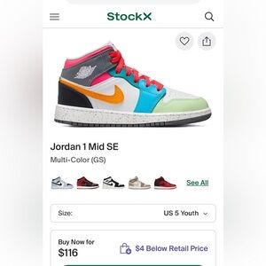 Nike Jordan 1 Mid SE Colorful Youth Sneakers Big Kids 4